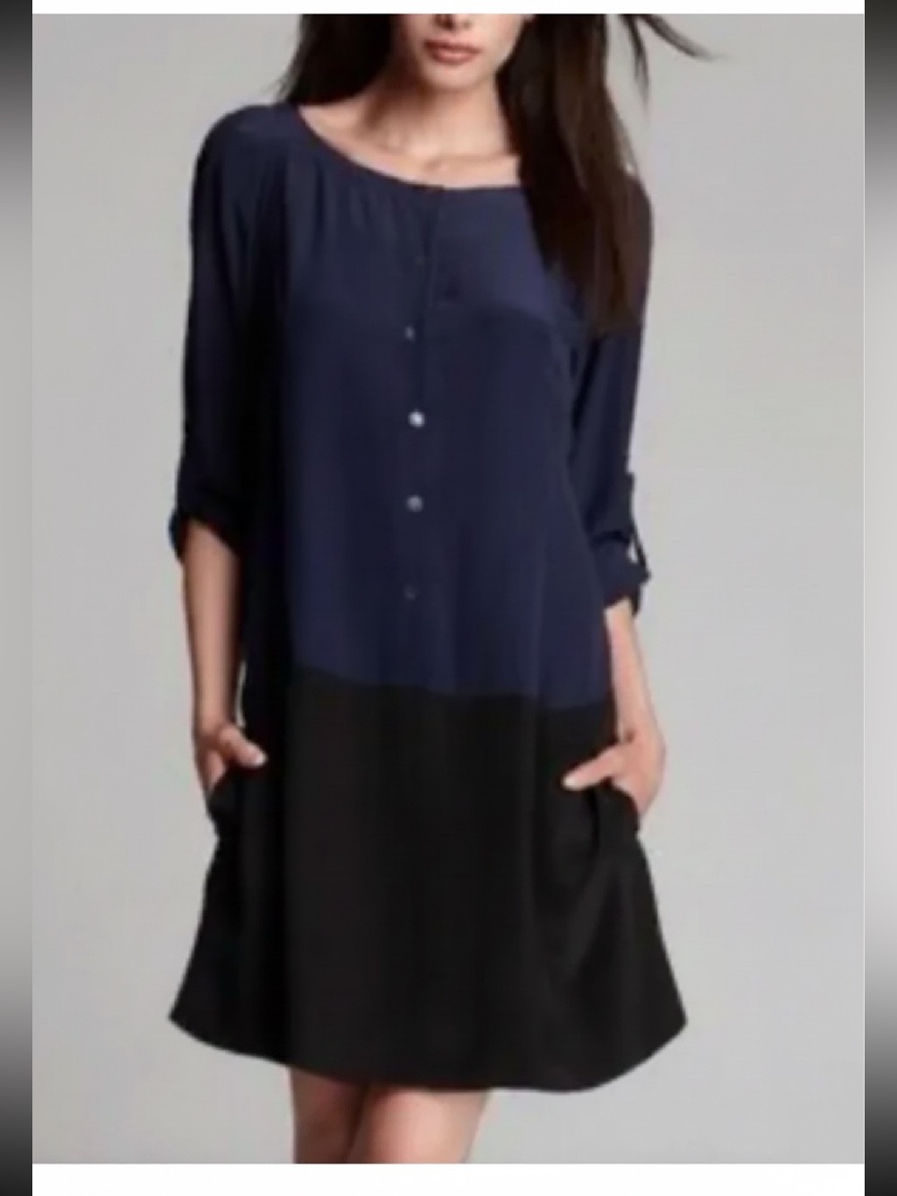 Eileen Fisher Navy and Black Two-Tone Button Front Silk Dress ❤️❤️